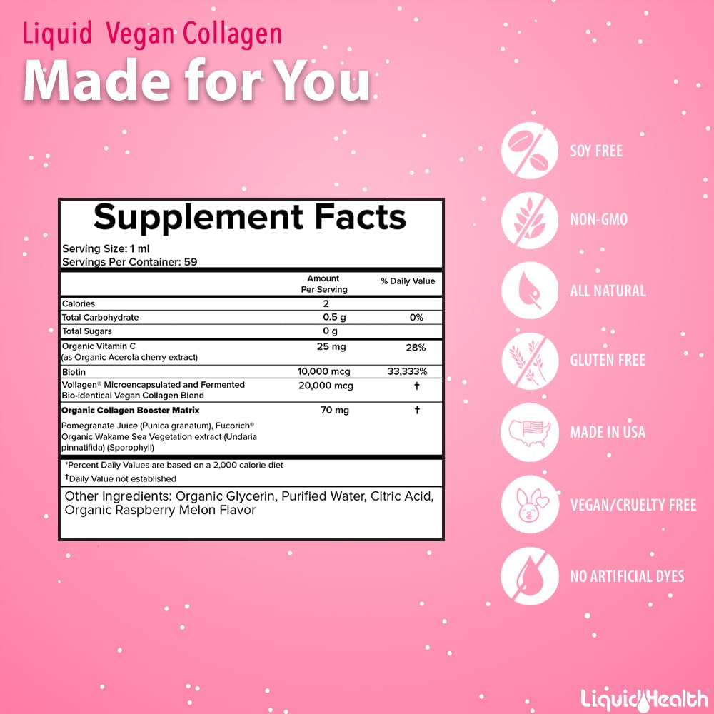 LIQUIDHEALTH Vegan Collagen drops close-up label, purity and plant-based source.