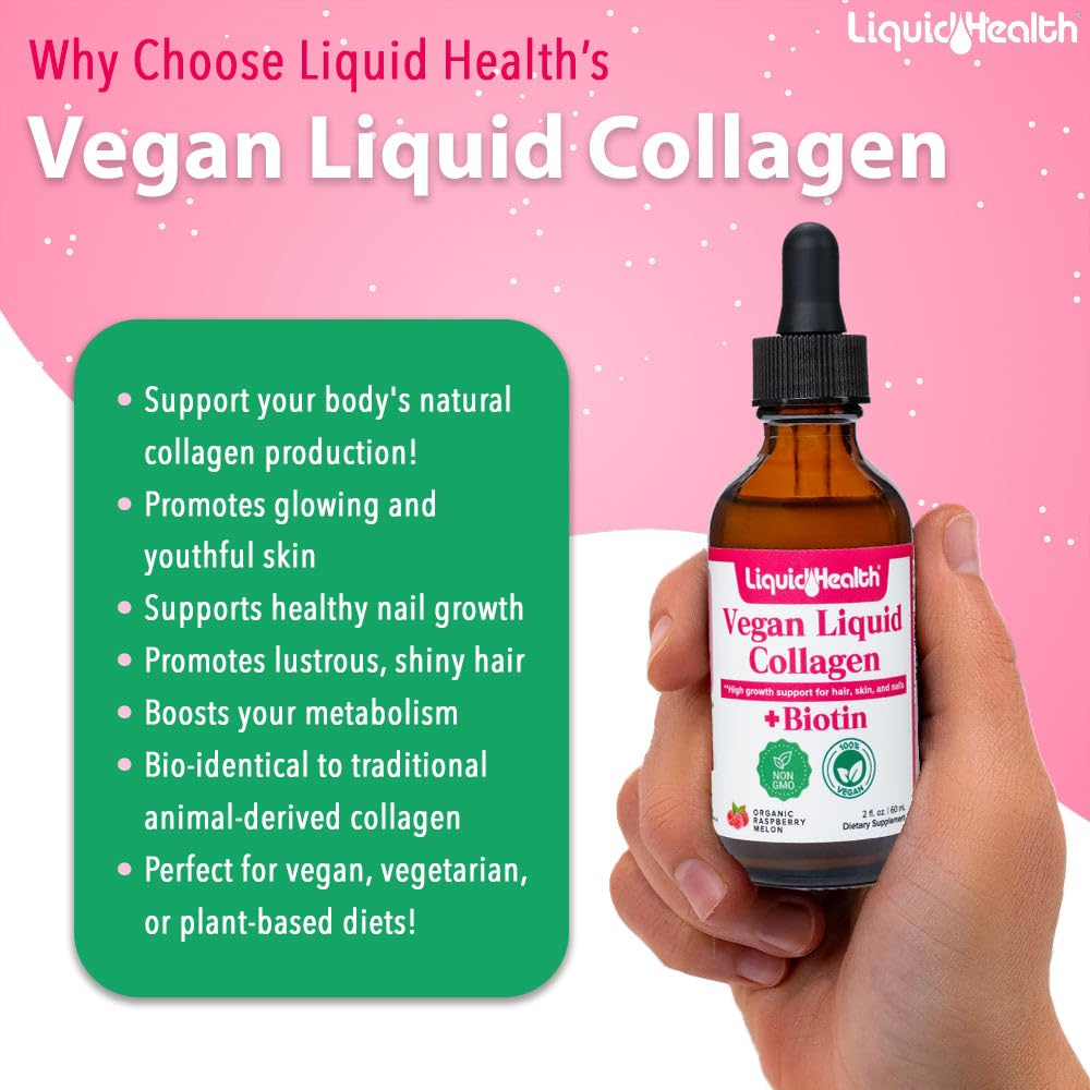 LIQUIDHEALTH vegan collagen drops ingredients panel shows biotin and organic boosters