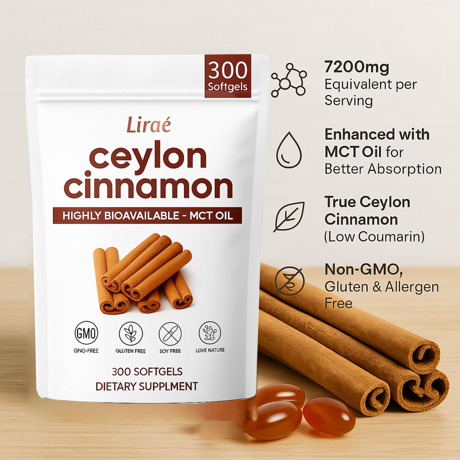 LIRAE Ceylon Cinnamon bottle label shows gluten-free and non-GMO assurances