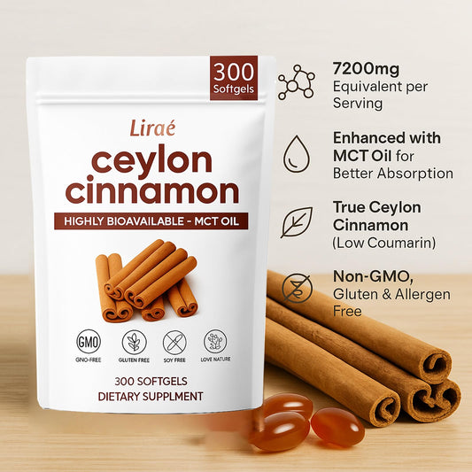 LIRAE Ceylon Cinnamon bottle label shows gluten-free and non-GMO assurances