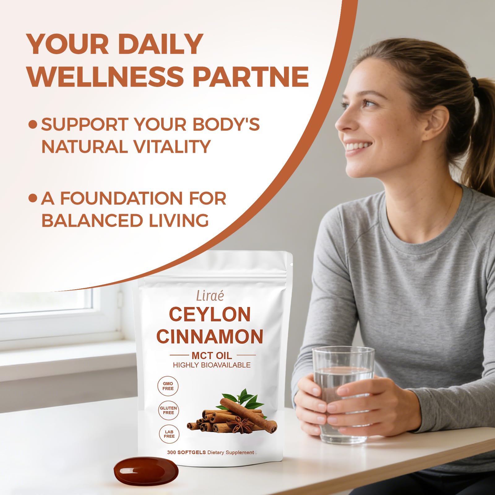 A user takes LIRAE softgels with breakfast for convenient daily wellness.