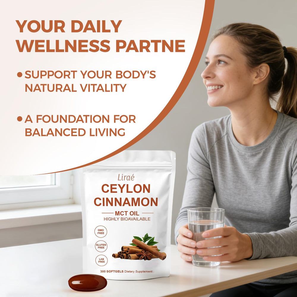 A user takes LIRAE softgels with breakfast for convenient daily wellness.