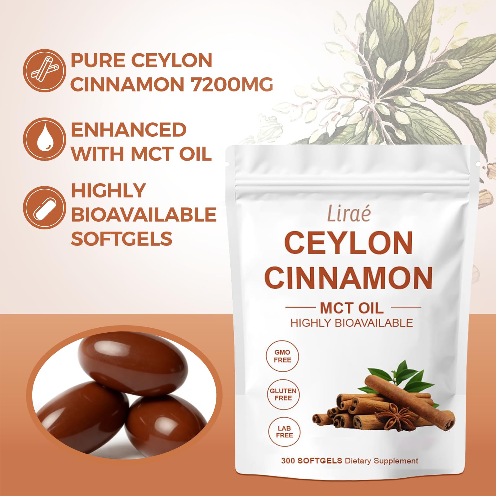 LIRAE Cinnamon SoftGels close-up highlighting easy-to-swallow texture for daily use.