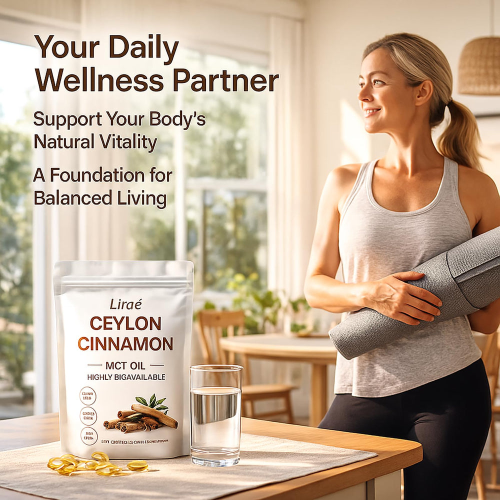 LIRAE Ceylon Cinnamon softgels closeup shows smooth texture for gentle daily use.