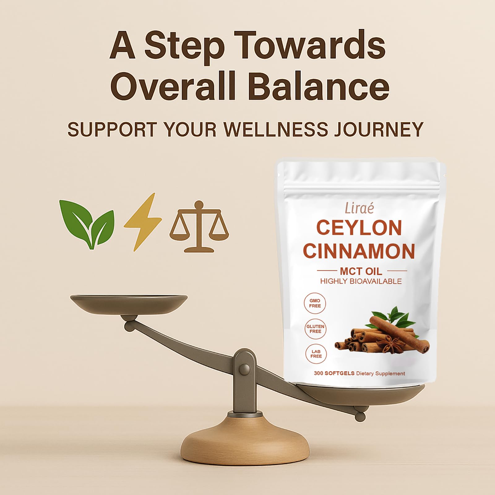 LIRAE Ceylon Cinnamon softgels gluten-free and non-GMO certification visible on label.
