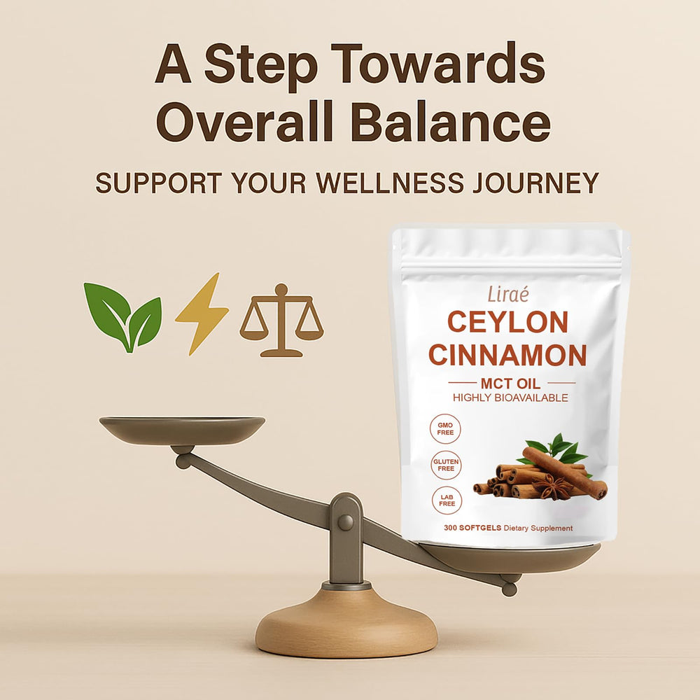 LIRAE Ceylon Cinnamon softgels gluten-free and non-GMO certification visible on label.