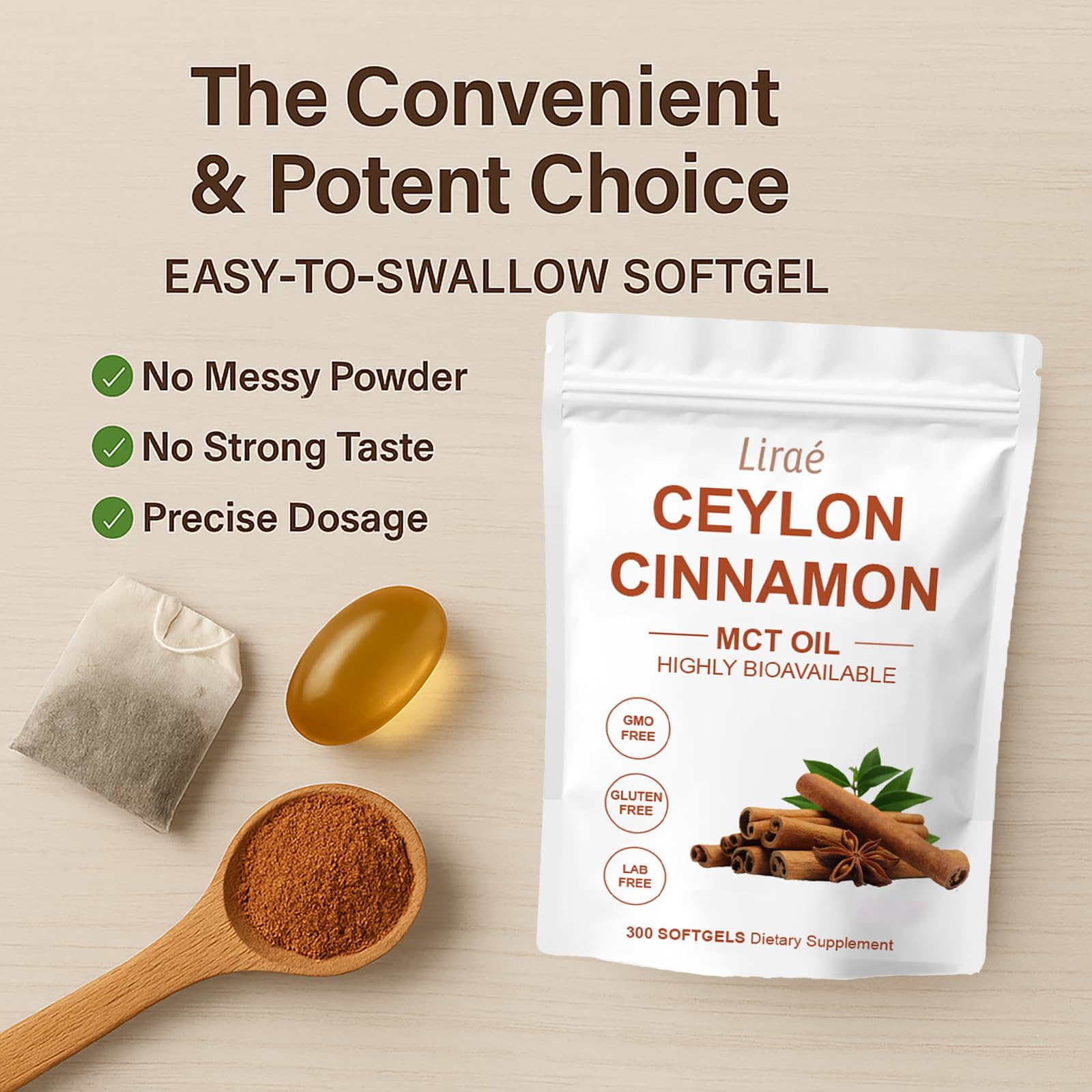LIRAE Ceylon Cinnamon softgels ingredients label emphasizes clean, allergen-free formula.