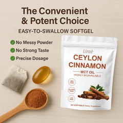 LIRAE Ceylon Cinnamon softgels ingredients label emphasizes clean, allergen-free formula.