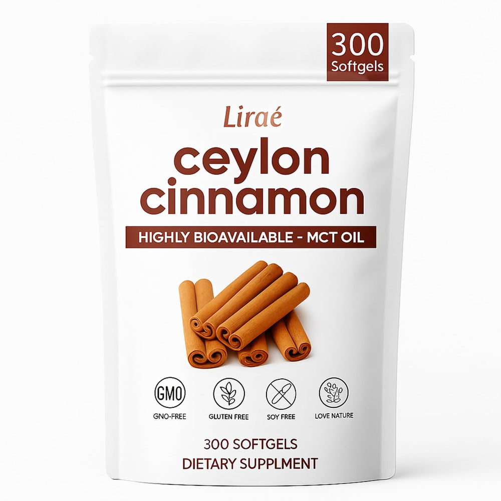 LIRAE Ceylon Cinnamon softgels with MCT oil bottle for gentle daily support