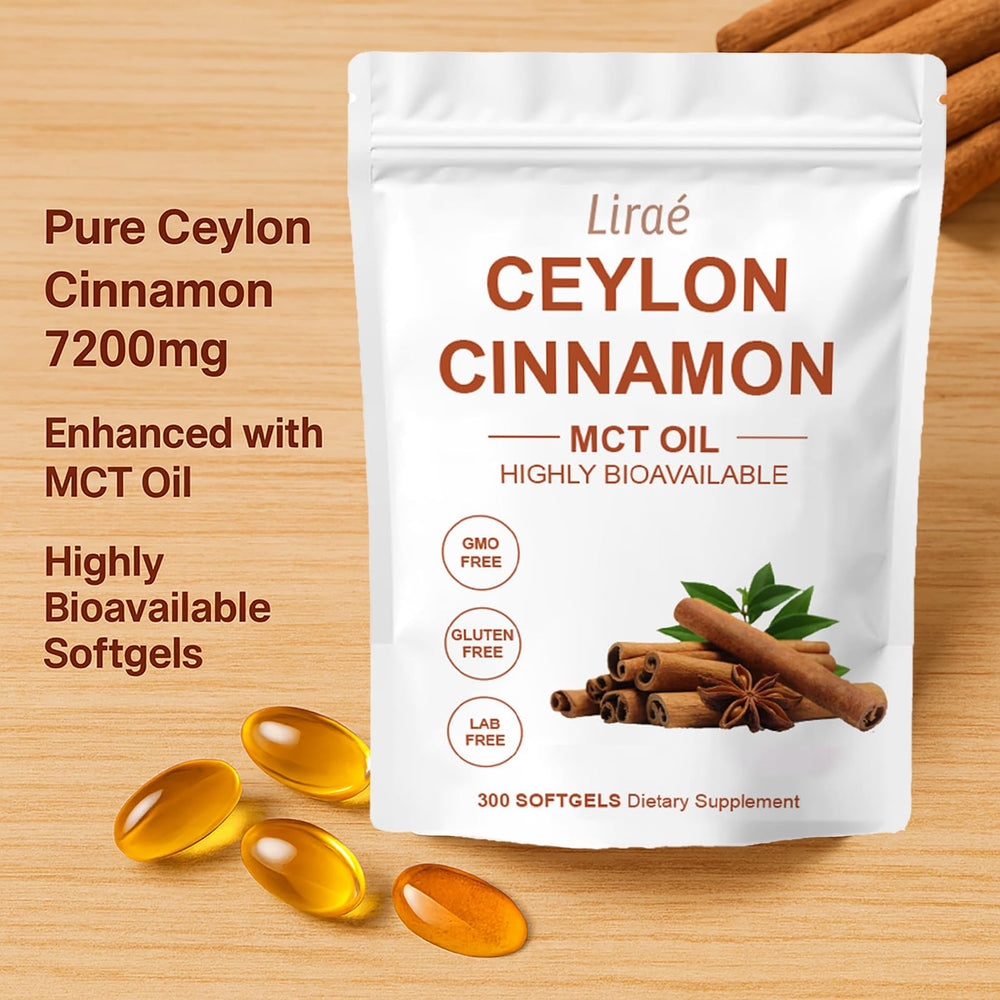 LIRAE Ceylon Cinnamon softgels with MCT oil synergy for absorption.