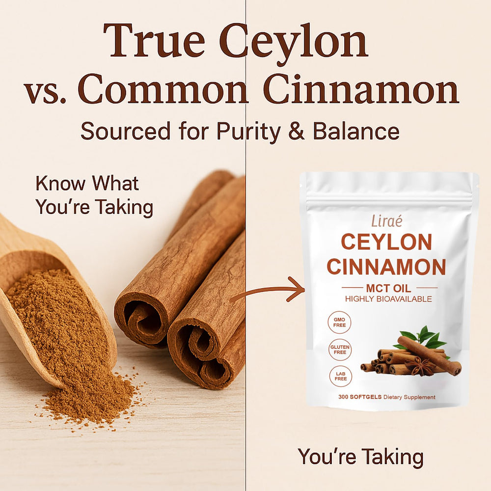 LIRAE Ceylon Cinnamon softgels packaging detail highlighting clean formula.