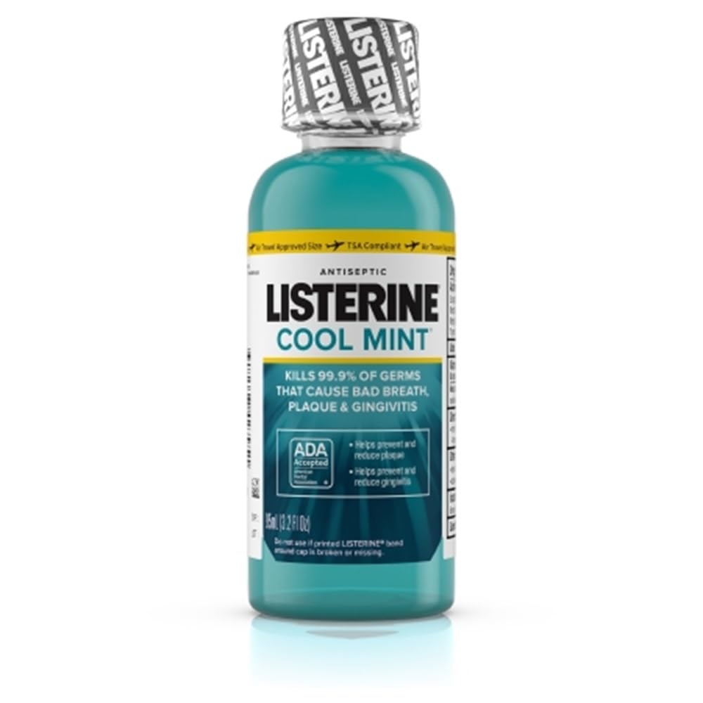 Listerine Cool Mint antiseptic mouthwash bottle for 24-hour germ protection and fresh breath