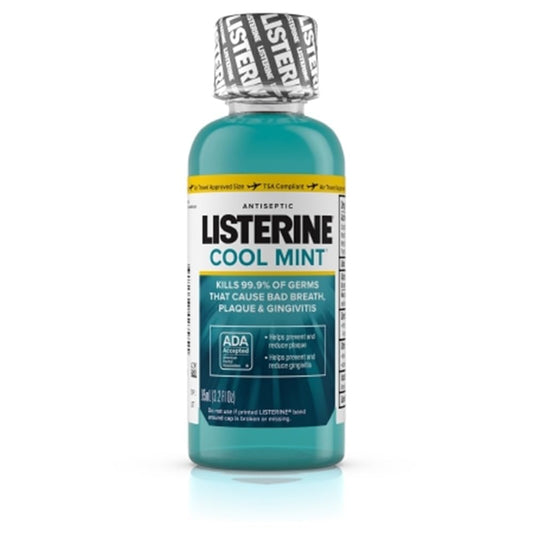 Listerine Cool Mint antiseptic mouthwash bottle for 24-hour germ protection and fresh breath