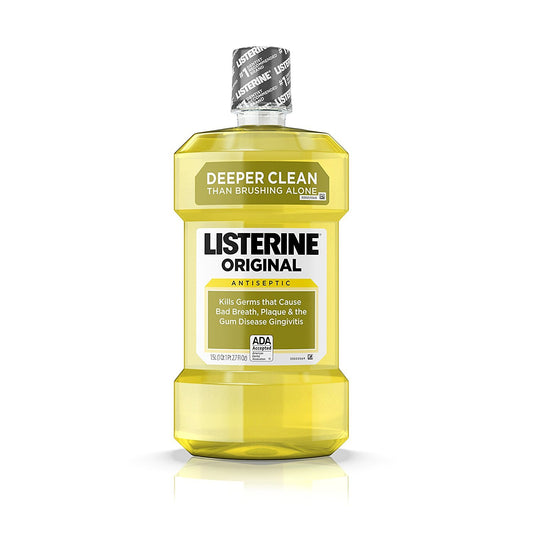 Listerine Original Intense bottle on bathroom shelf delivering deep clean after brushing.