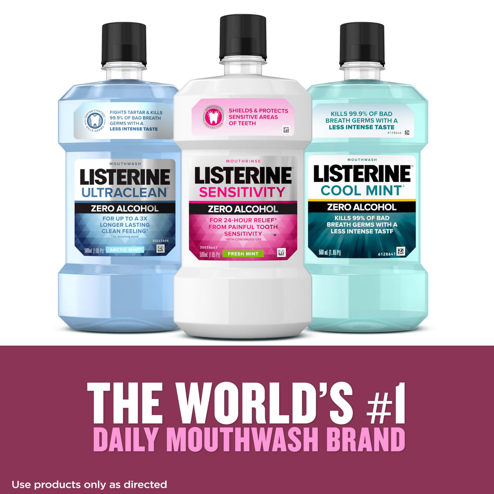 Bathroom routine scene featuring Listerine Sensitivity Mouthwash for sensitive teeth.