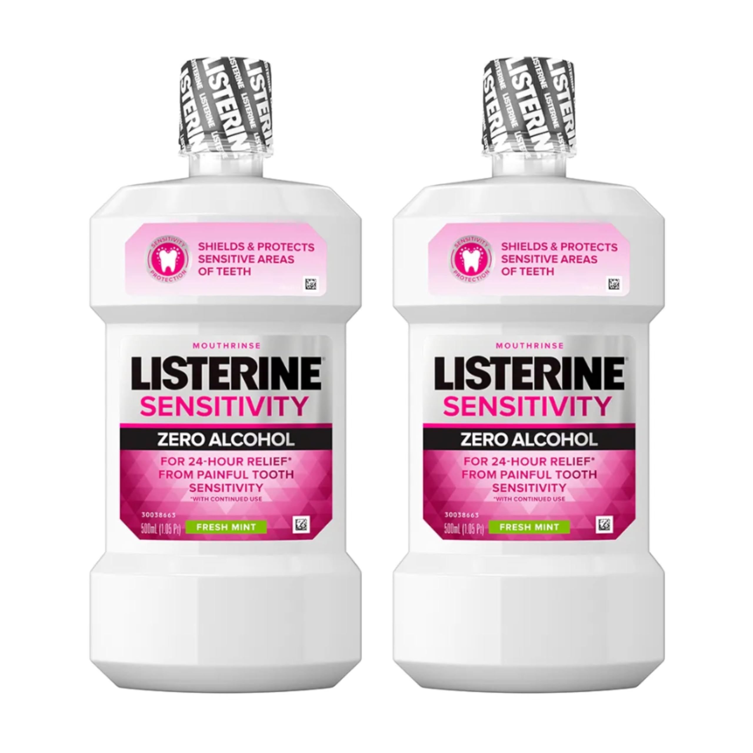 Listerine Sensitivity Zero Alcohol Mouthwash bottle with Fresh Mint label for daily use.