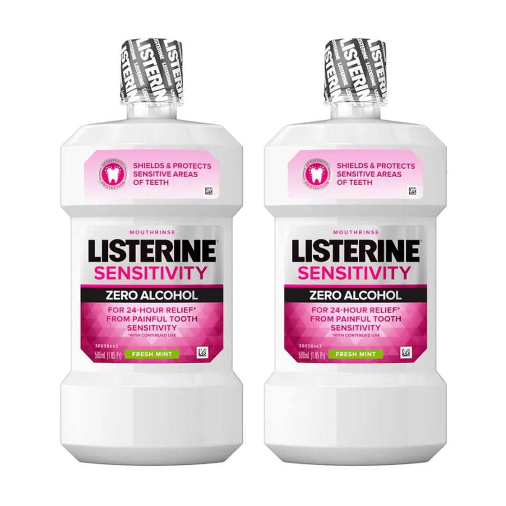 Listerine Sensitivity Zero Alcohol Mouthwash bottle with Fresh Mint label for daily use.