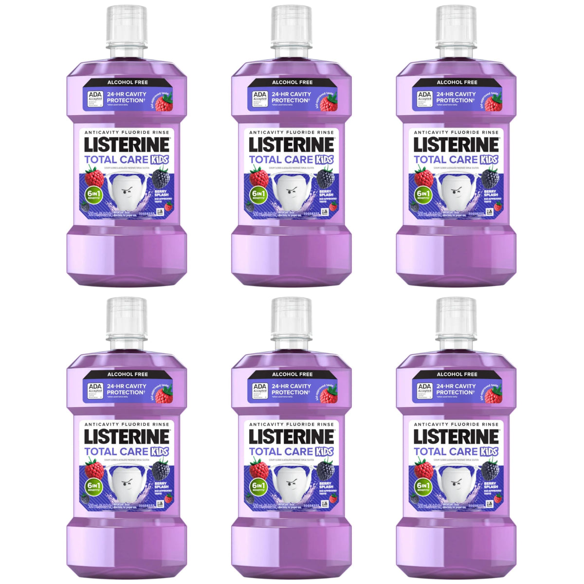 Listerine Total Care Kids Berry Splash bottle for kid-friendly cavity protection.