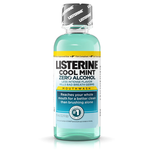 Listerine Zero Cavity bottle shows a mint flavor for a refreshing breath.
