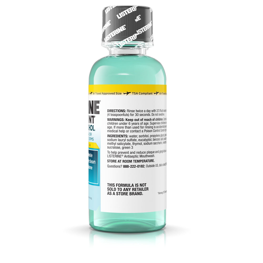 Close-up label highlights alcohol-free formula and clean mint scent.