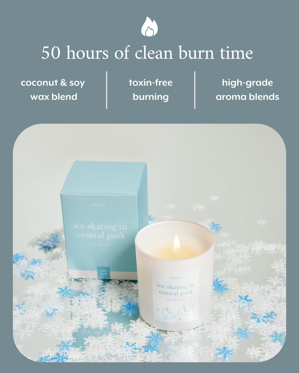 Literie candle with removable lid and glass jar for easy reuse.