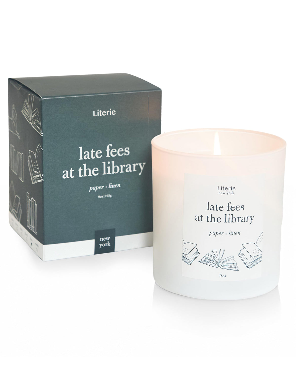 Literie Late Fees Library candle label close-up, premium gift-ready presentation.