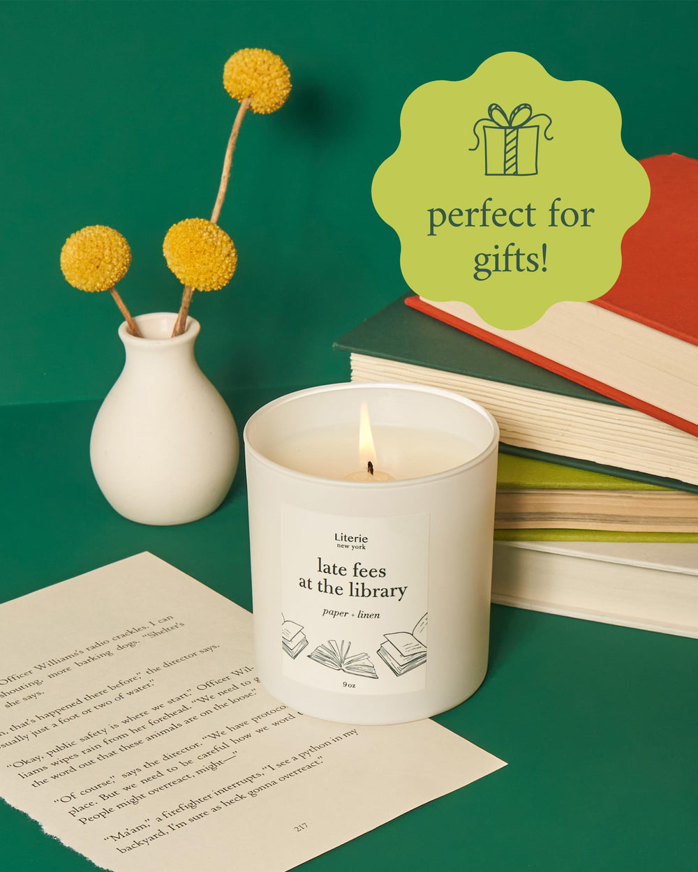 Literie NYC-inspired candle on coffee table adds cozy ambiance.