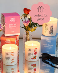 Literie Emily in Paris candle 9oz jar on display for gifting.