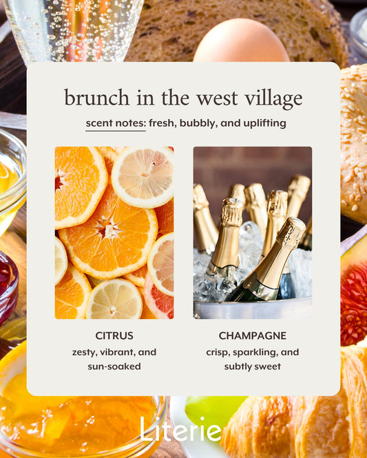 Literie West Village brunch scene candle enhances dining mood and decor.