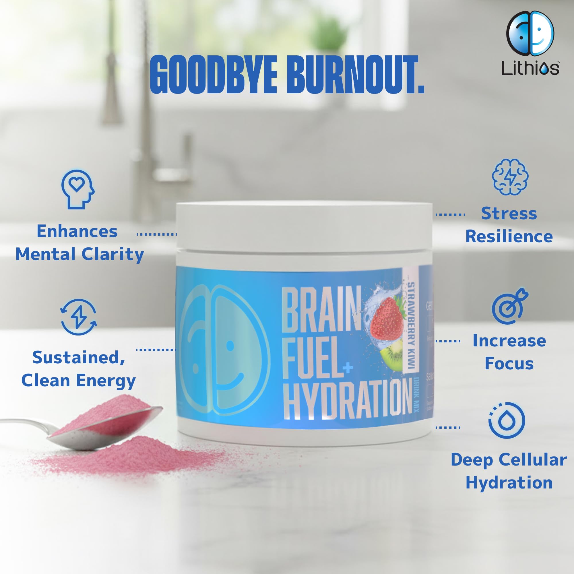 Lithios Brain Fuel Plus Hydration Mix dissolving in water for a refreshing energy lift.