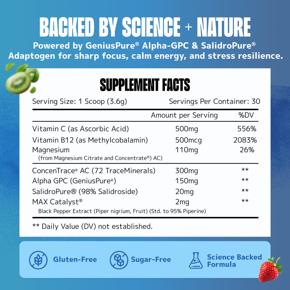 Lithios Brain Fuel Plus Hydration Mix scoop being stirred into water for steady focus.