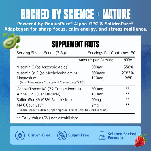Lithios Brain Fuel Plus Hydration Mix scoop being stirred into water for steady focus.