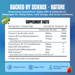 Lithios Brain Fuel Plus Hydration Mix scoop being stirred into water for steady focus.