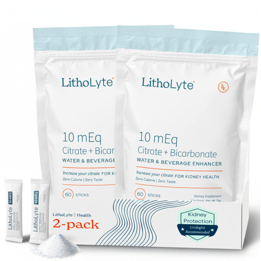 LithoLyte 10mEq sticks pack showing citrate-rich delivery for hydration.