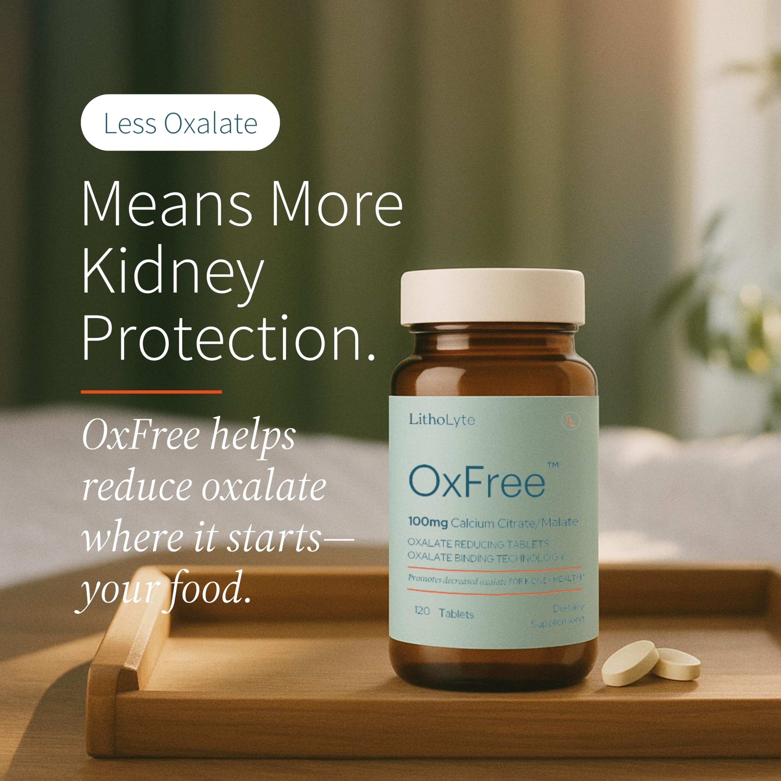 LithoLyte OxFree tablets close-up showing calcium citrate malate formula.