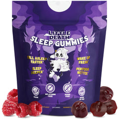 LITTLE DEATH Deep Sleep Gummies raspberry pack promotes calm before bed.