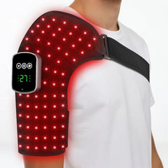Liufige red light therapy shoulder wrap in use for targeted relaxation.