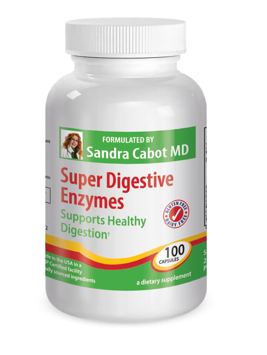 Livatone Super Digestive Enzymes bottle label highlighting digestion-friendly ingredients.