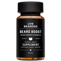 Live Bearded Beard Boost bottle with capsules for thicker facial hair growth.