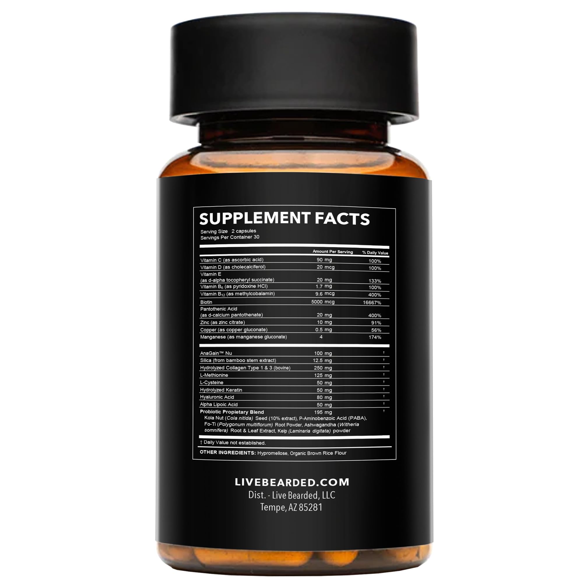 Closeup of Live Bearded Beard Boost capsules showing key ingredients