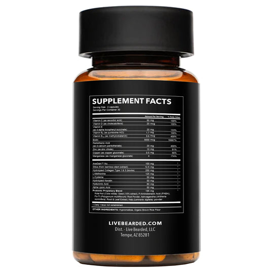 Closeup of Live Bearded Beard Boost capsules showing key ingredients