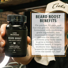 Live Bearded Beard Boost packaging and capsules arranged for a simple two-capsule routine.
