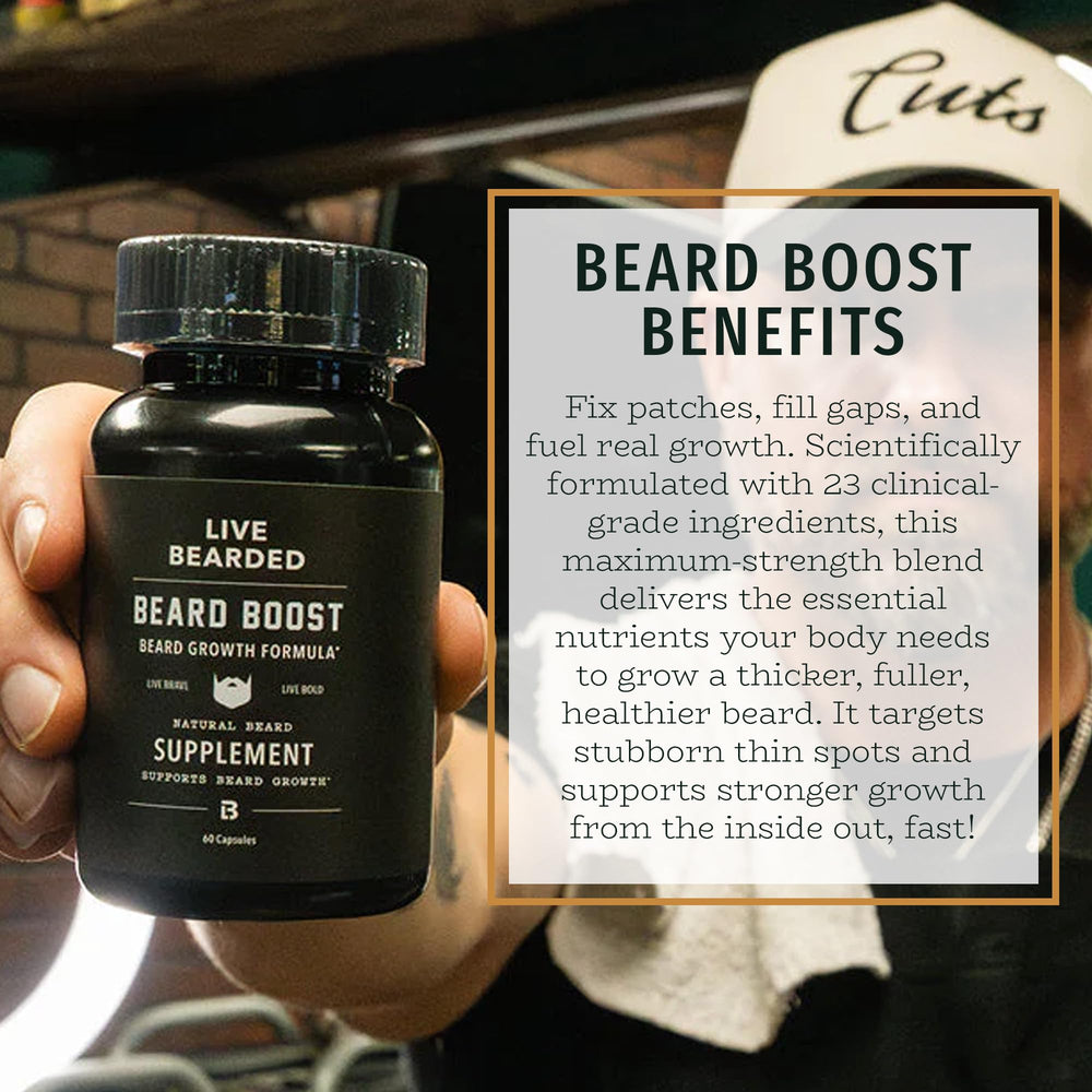 Packaging of Live Bearded Beard Boost box on a clean surface