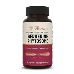 Live Conscious Berberine Phytosome bottle shows advanced absorption for energy support.
