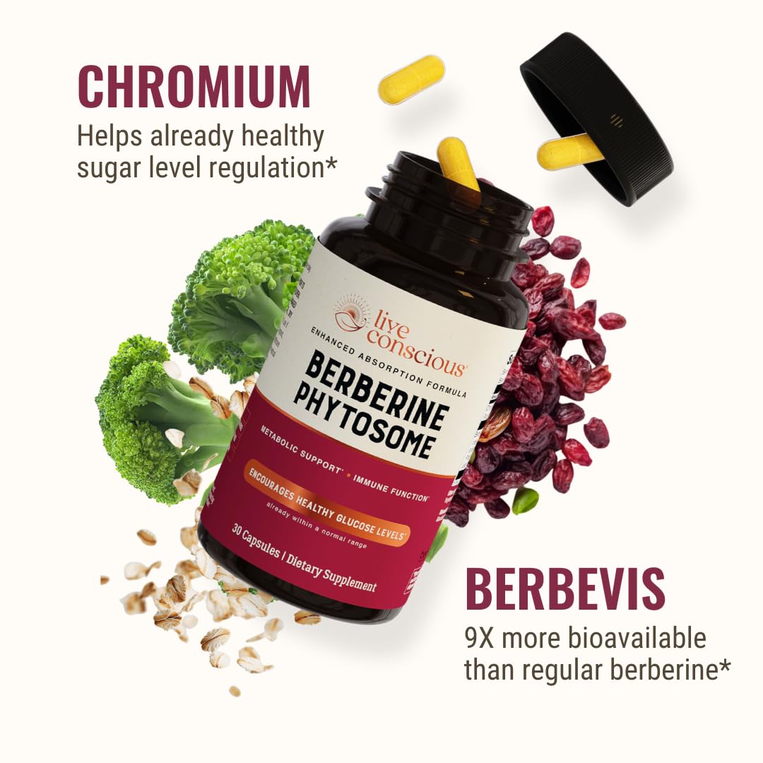 Live Conscious Berberine Phytosome capsules closeup highlights convenient daily capsules.