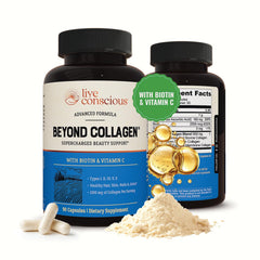 Live Conscious Beyond Collagen bottle label close-up highlighting five collagen types for skin and nails