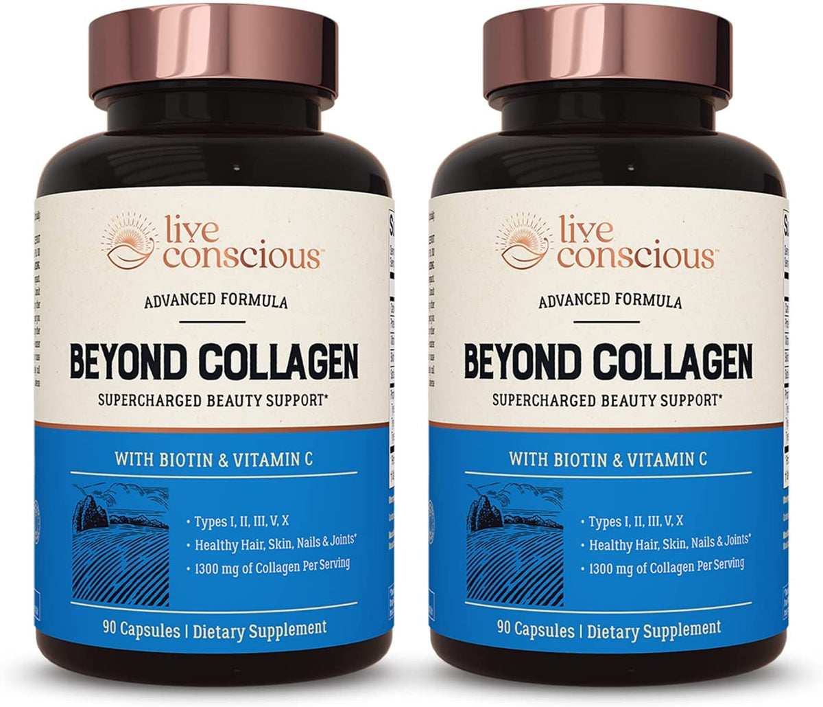 Live Conscious Beyond Collagen bottle promotes daily wellness.