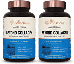 Live Conscious Beyond Collagen bottle promotes daily wellness.