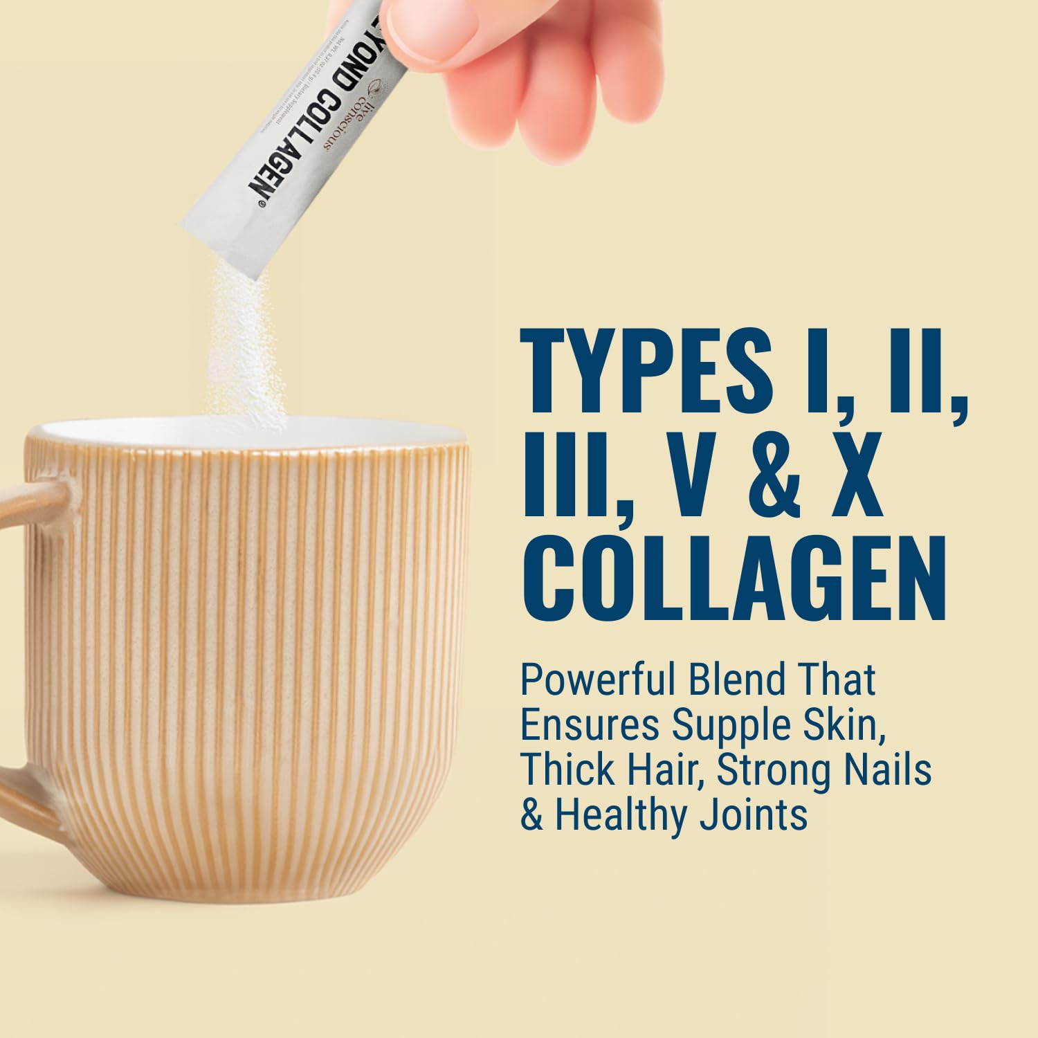 This image highlights Live Conscious Beyond Collagen ingredients, including five collagen types and essential nutrients.