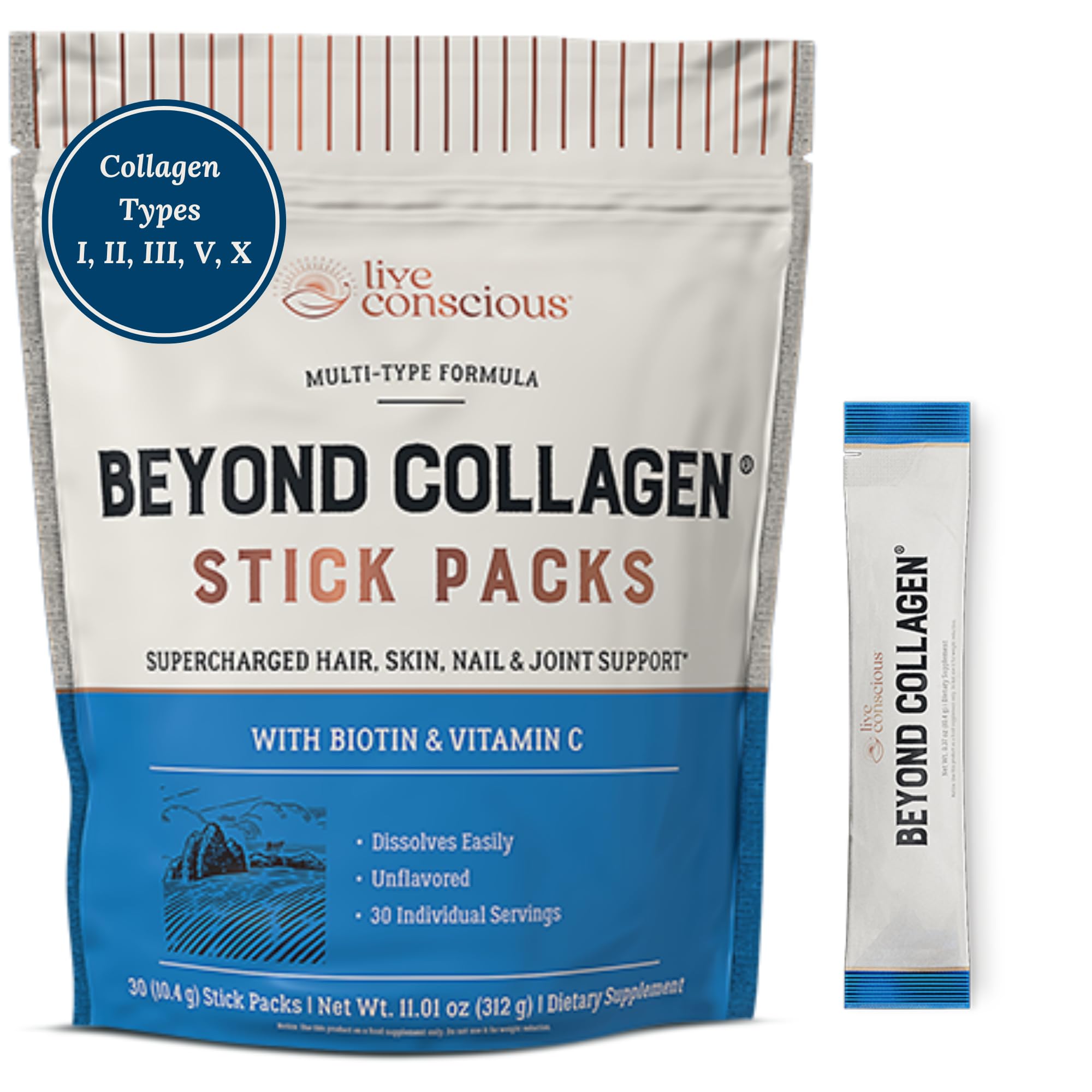 This image shows Live Conscious Beyond Collagen packets unflavored for convenient on-the-go beauty support.